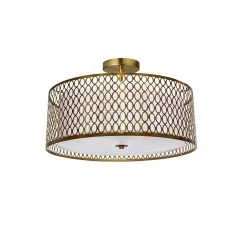 Dainolite 3 Light Aged Brass Semi-Flush Mount With White Shade And Laser Cut Outer