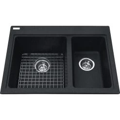 Kindred Mythos 27.75" X 20.5" Double Bowl Drop-in Kitchen Sink With Bottom Grid And Waste Fittings Granite Onyx