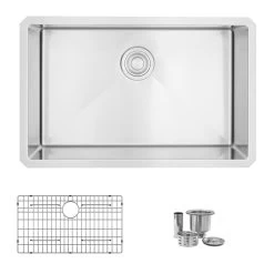 Stylish EMERALD 28" X 18" Single Bowl Kitchen Sink, 16 Gauge Stainless Steel With Grid And Basket Strainer, S-306XG