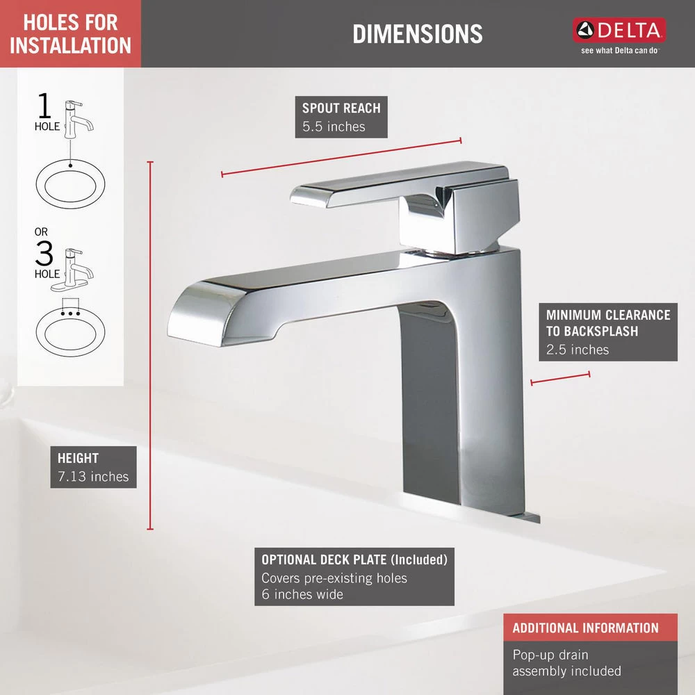 Delta ARA Single Handle Bathroom Faucet- Chrome (With Pop-up Drain) - Image 2