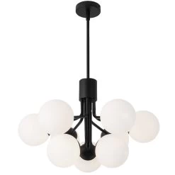 Dainolite 9 Light Halogen Chandelier, Matte Black With Opal Glass