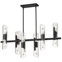 Dainolite 12 Light Horizontal Matte Black Chandelier W/ Clear Fluted Glass