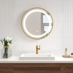 Kalia - Effect LED Illuminated Round Mirror With Frosted Strip, Brushed Gold Frame And Touch-switch For Color Temperature Control 24" X 1⅝"
