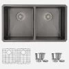Stylish 32" X 18" Graphite Black Double Bowl Undermount Stainless Steel Kitchen Sink With Grids And Basket Strainers Opal