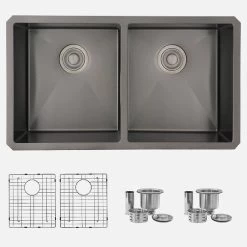 Stylish 32" X 18" Graphite Black Double Bowl Undermount Stainless Steel Kitchen Sink With Grids And Basket Strainers Opal