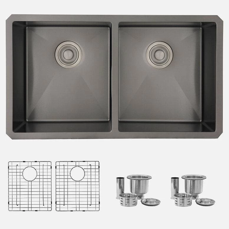 Stylish 32" X 18" Graphite Black Double Bowl Undermount Stainless Steel Kitchen Sink With Grids And Basket Strainers Opal