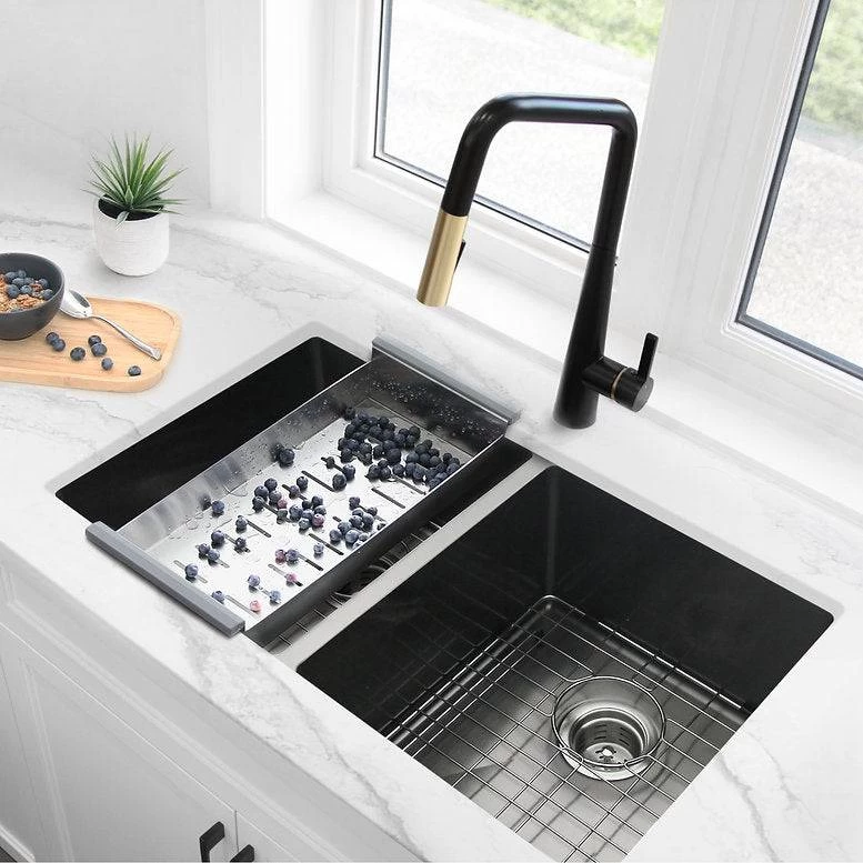 Stylish 32" X 18" Graphite Black Double Bowl Undermount Stainless Steel Kitchen Sink With Grids And Basket Strainers Opal - Image 4