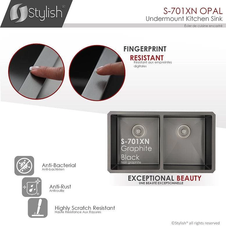 Stylish 32" X 18" Graphite Black Double Bowl Undermount Stainless Steel Kitchen Sink With Grids And Basket Strainers Opal - Image 11