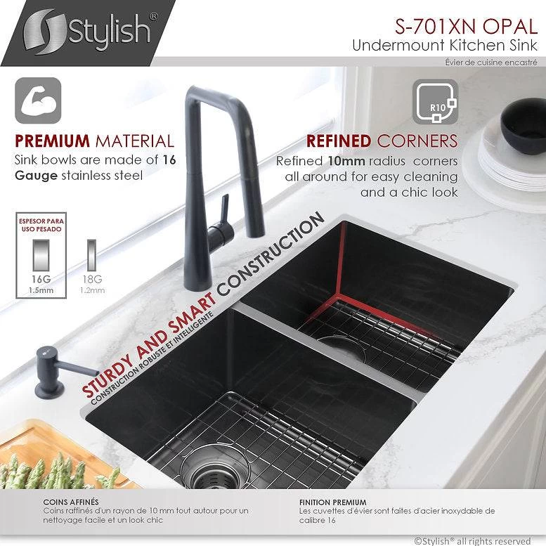 Stylish 32" X 18" Graphite Black Double Bowl Undermount Stainless Steel Kitchen Sink With Grids And Basket Strainers Opal - Image 6