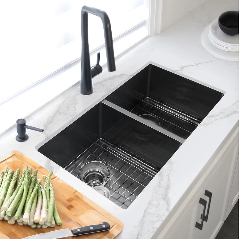 Stylish 32" X 18" Graphite Black Double Bowl Undermount Stainless Steel Kitchen Sink With Grids And Basket Strainers Opal - Image 12