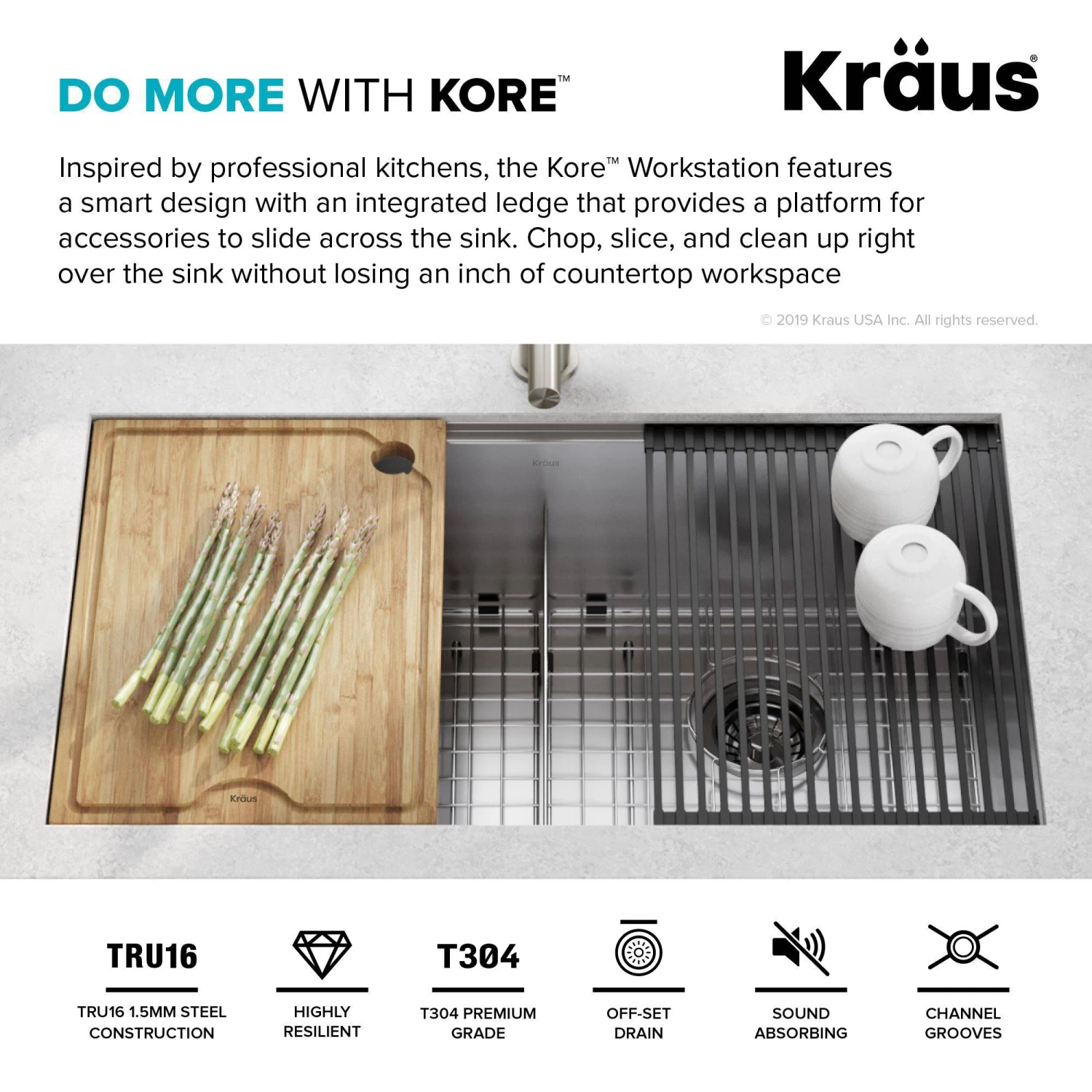 Kraus Kore Workstation 33" X 19" Undermount 16 Gauge Stainless Steel 50/50 Double Bowl Kitchen Sink - Image 6
