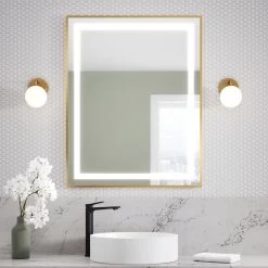 Kalia - Effect LED Illuminated Rectangular Mirror With Frosted Strip, Brushed Gold Frame And Touch-switch For Color Temperature Control 30" X 38" X 1⅝"