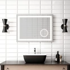 Kalia EFFECT 24" X 32" LED Illuminated Rectangular Mirror With Frosted Strip, Illuminated Magnifying Mirror (3X) And Touch-Switch For Color Temperature Control